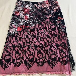 Vintage Bazar de Christian Lacroix Y2K Black Pink Lace Midi Skirt Size 40